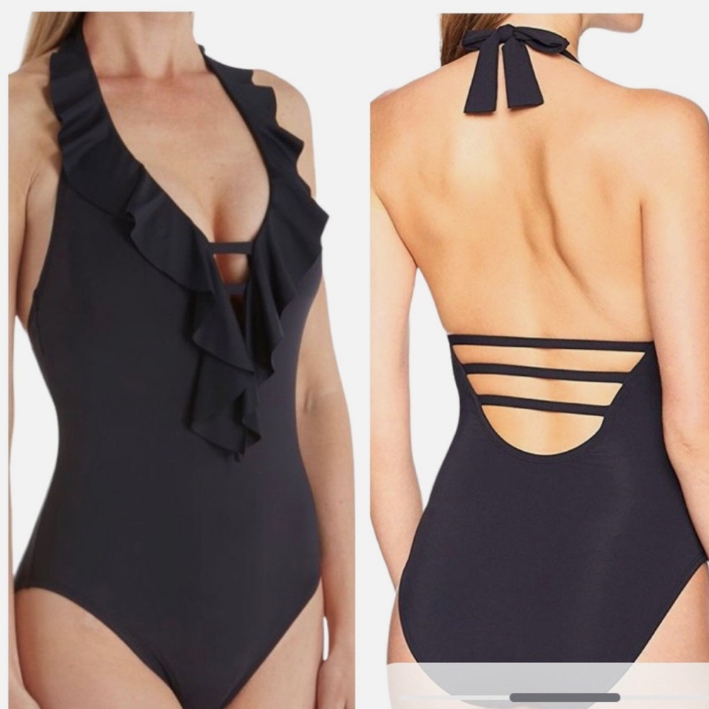 Bleu Rod Beattie Black Ruffle Lattice Plunge One Piece Swimsuit Size 10